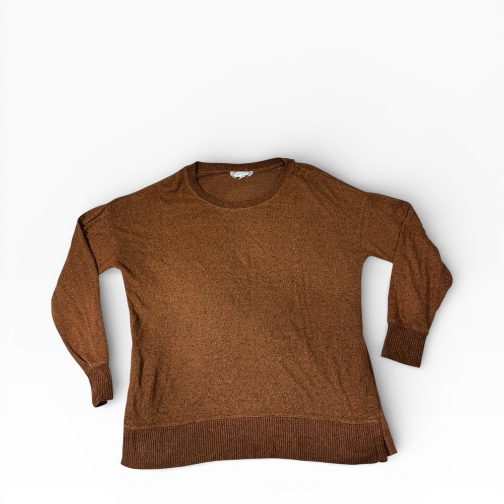 Moondance Rust Brown Crew Neck Sweater Lightweight Cozy Relaxed Fit Split Hem